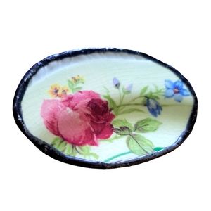 Vintage Enamel Rose Brooch Signed  2.25" x 1.25 Crazing Victorian Edwardian